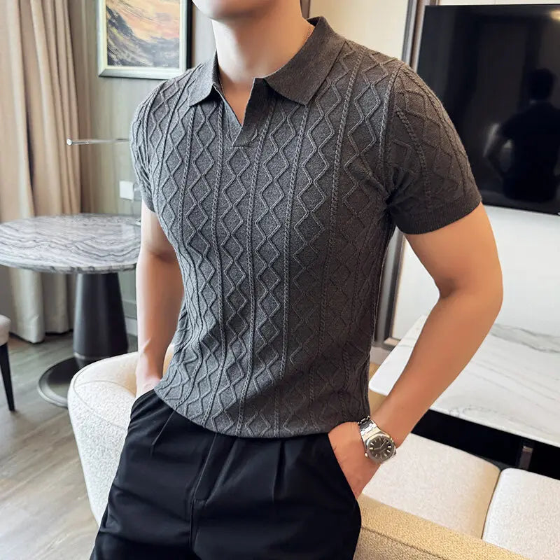 2025 Spring Summer New Men's Polo Collar Slim Fit Jacquard Knit Sweater - Stylish Base Layer in Beige, Brown, Gray & Black
