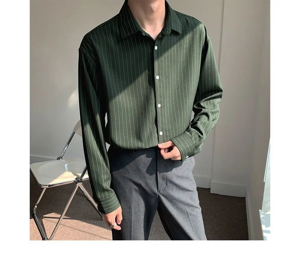 2023 New Korean Fashion Autumn Shirts Men Business Casual Neat Capable Hipster Street England Style Elegant Stripe Clothes Top