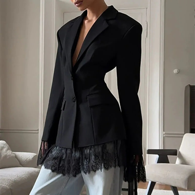 Autumn Black Lace Patchwork Blazer Coat Fashion Street Long Sleeved Women's Jacket Elegant Temperament Button Office Outerwear