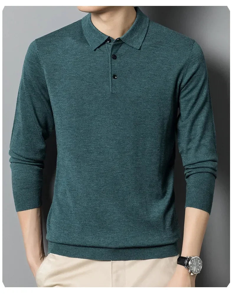 Men's Autumn Long-Sleeved Wool Blend Solid Color Polo Pullover Sweater with Lapel, Casual Bottoming Sweater -Sizes M-4XL