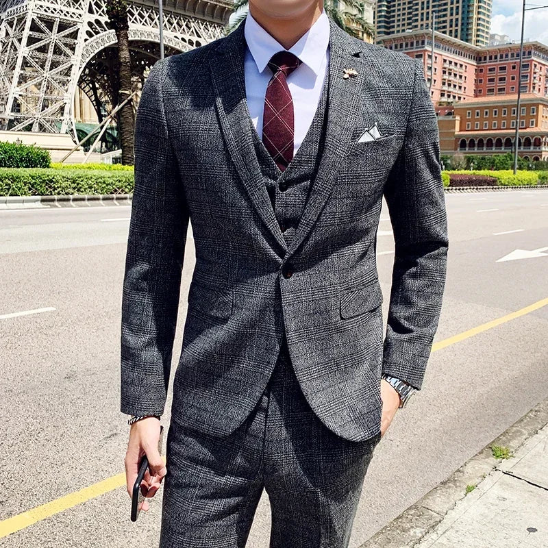 Men's Suit 3 Piece, Business Casual Jacket Vest with Trousers, Gray Dark Brown Slim Fit Suit, Asian Size M-5XL