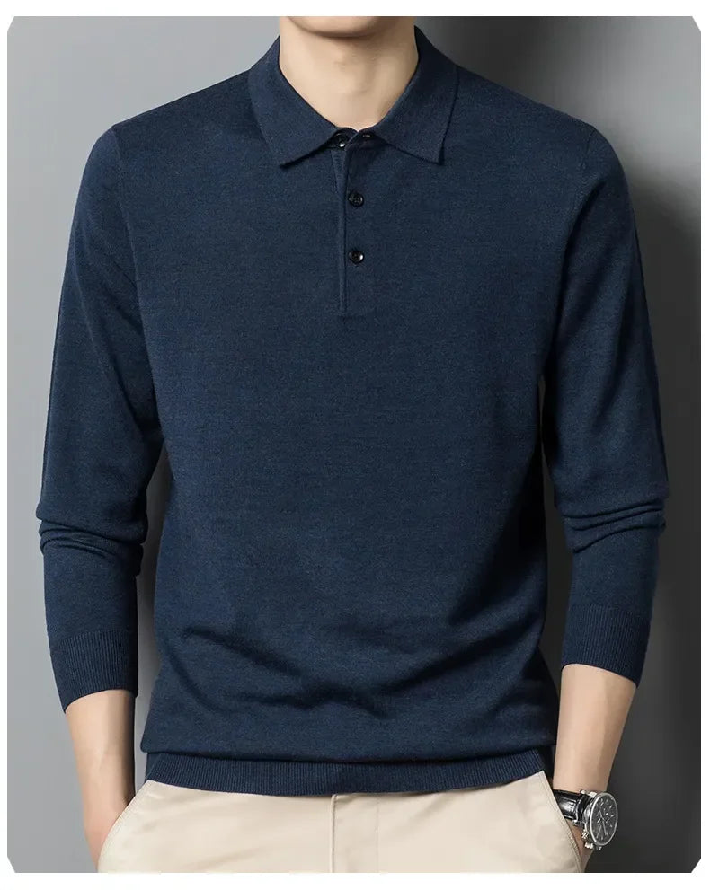 Men's Autumn Long-Sleeved Wool Blend Solid Color Polo Pullover Sweater with Lapel, Casual Bottoming Sweater -Sizes M-4XL