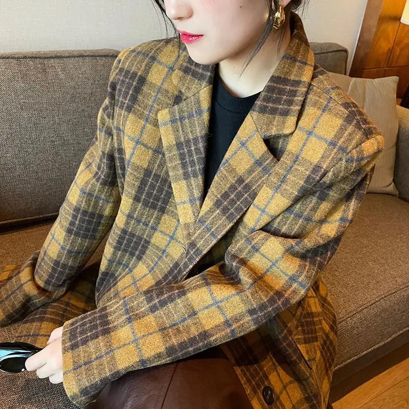 Women's Mid-Length Plaid Wool Coat 2025 Autumn Winter Arrival, Korean Style Warm Blazer, Trendy Yellow Brown Checkered Jacket