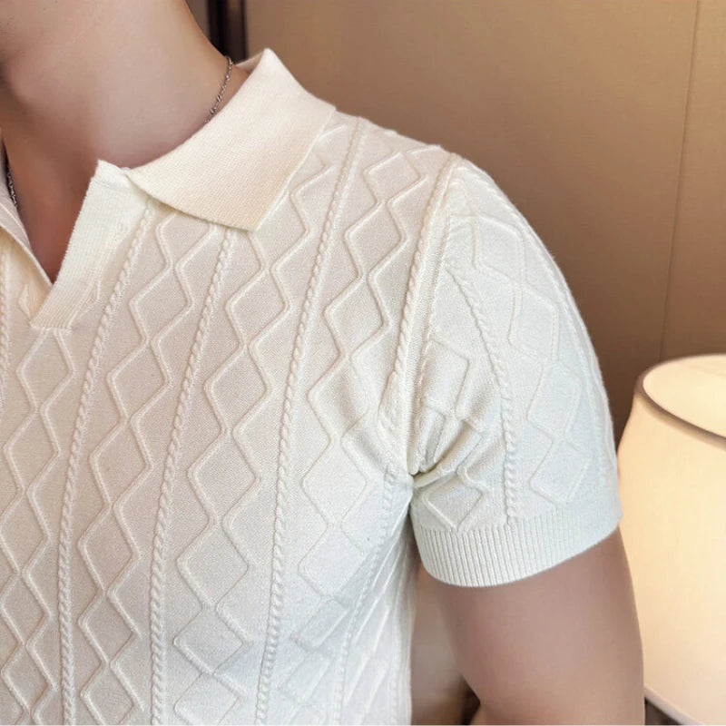 2025 Spring Summer New Men's Polo Collar Slim Fit Jacquard Knit Sweater - Stylish Base Layer in Beige, Brown, Gray & Black