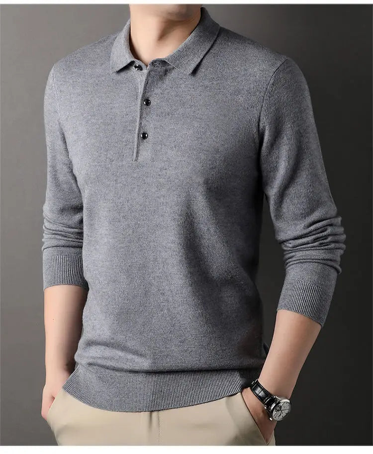 Male Polo Shirt Soft Lightweight Warm Knitted Luxury Simple Button Up Pullover 2025 Lapels Comfortable Business Sweater Clothing