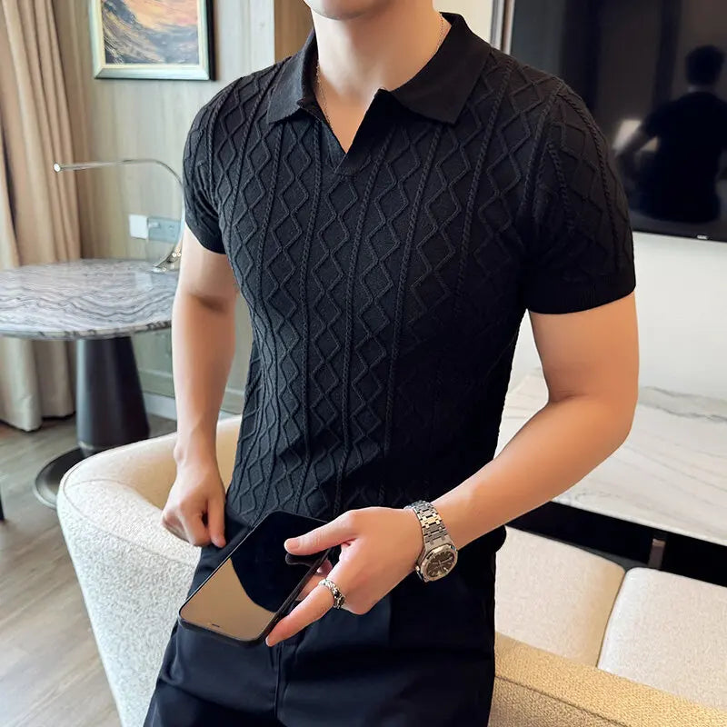 2025 Spring Summer New Men's Polo Collar Slim Fit Jacquard Knit Sweater - Stylish Base Layer in Beige, Brown, Gray & Black