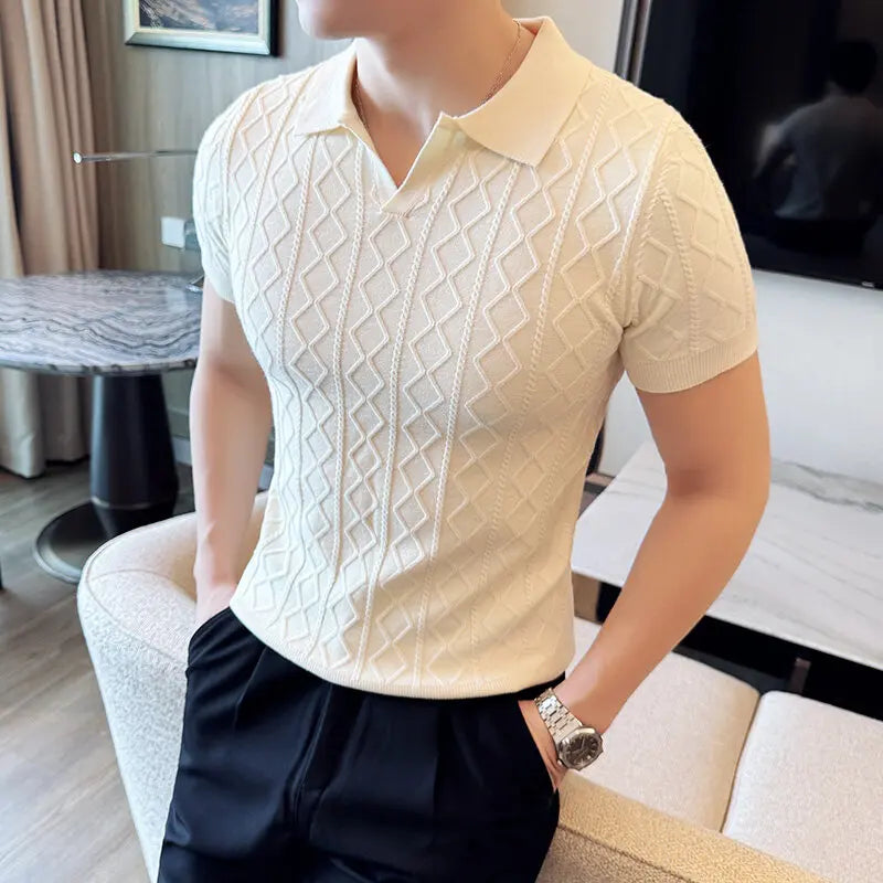 2025 Spring Summer New Men's Polo Collar Slim Fit Jacquard Knit Sweater - Stylish Base Layer in Beige, Brown, Gray & Black