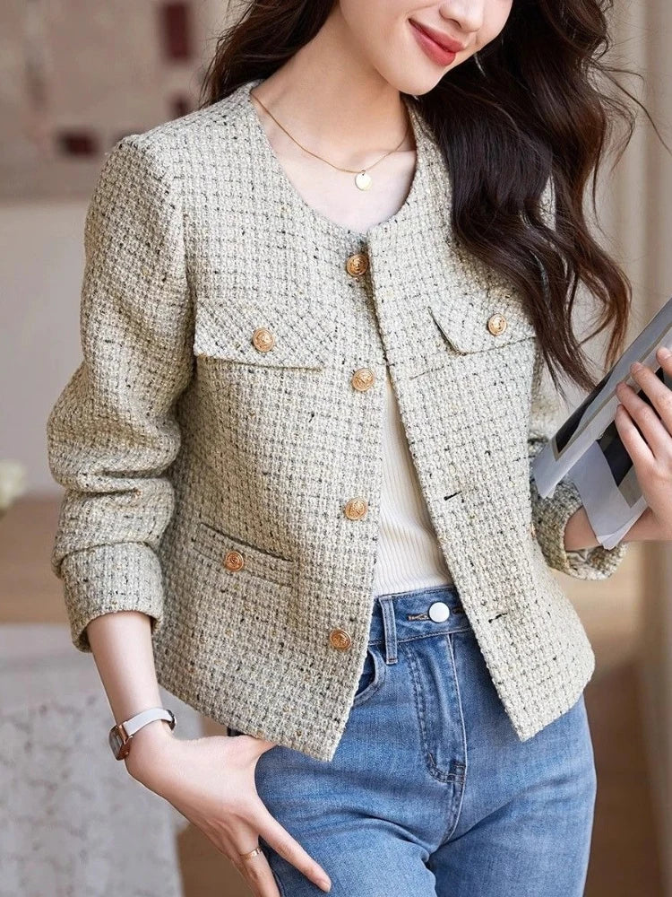 Trendy Women's Green Vintage Short Jacket Spring Autumn Fashionable Slim Fit Design with Noble Style