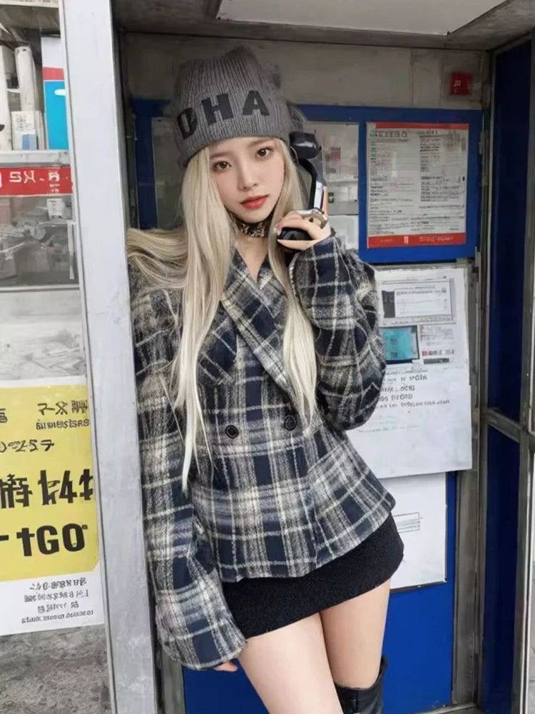 Women Vintage Plaid Blazers Long Sleeve Button Slim Fit Office Lady Suit Jacket American Retro Streetwear Casual Woolen Coats