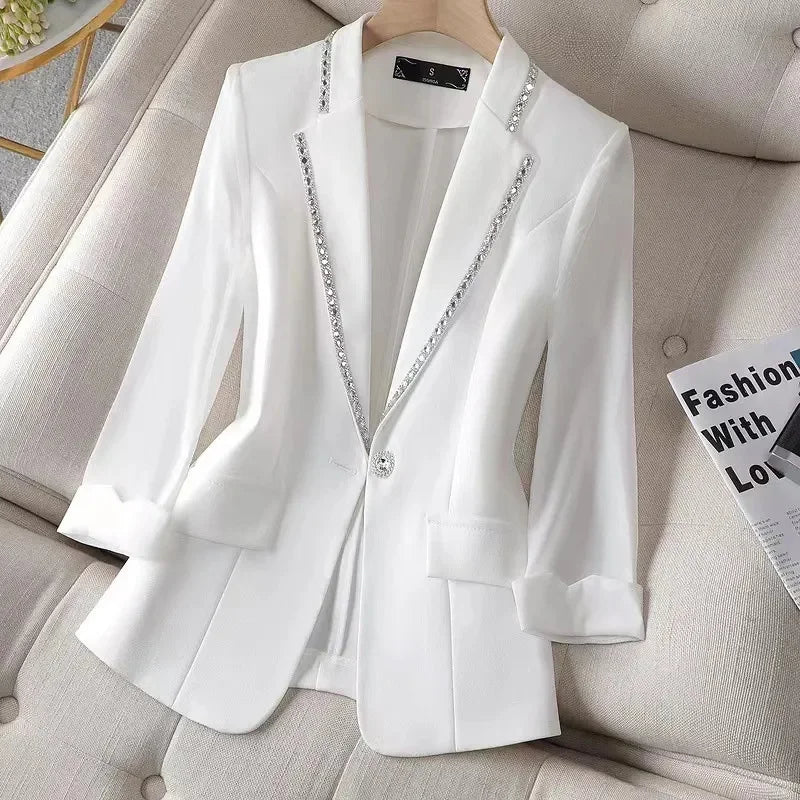 2024 New Summer Women's Blazer Diamond-Encrusted Sunscreen Jacket White Suit Jacket Women Fashion Thin Blazer  Ladies  Tops5XL