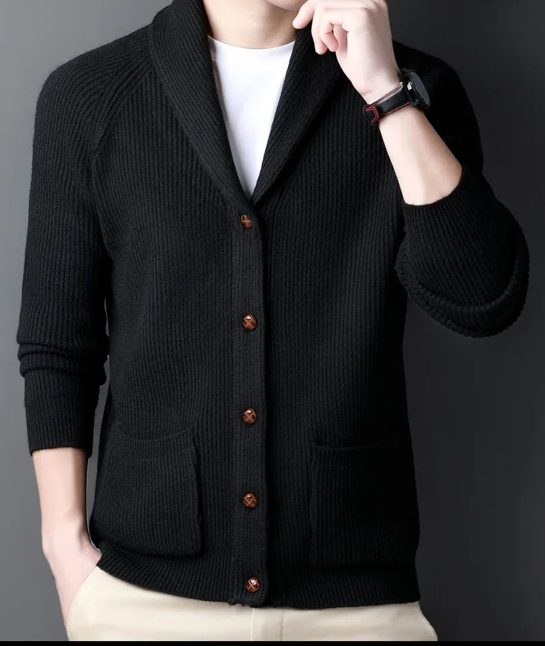 Fashion New Winter Men Knitted Luxury Buttons Cardigan Sweater Coat Long Sleeve Casual Streetwear Suit Collar Solid Vintage Coat