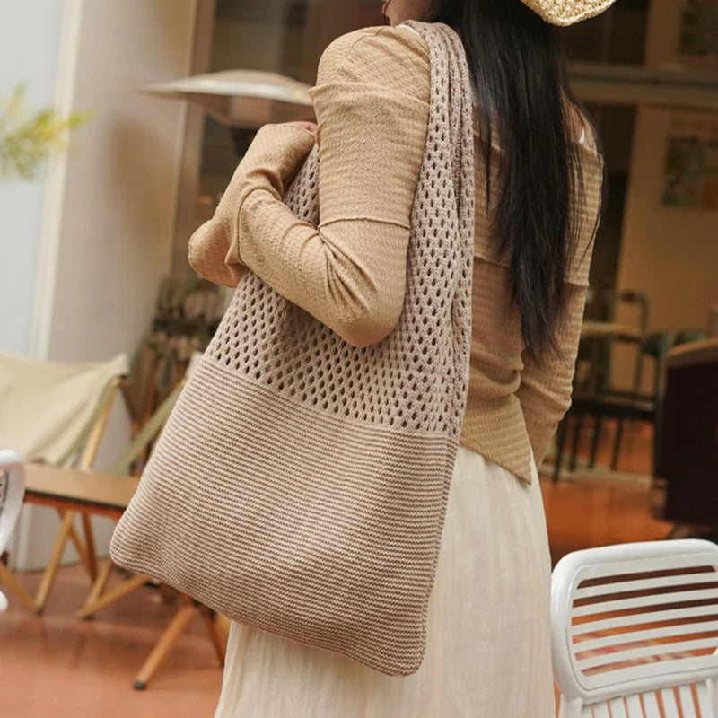 New Trend Women's Bag Crochet Handbag Retro Knitted Braid Solid Color Hollow Black Khaki Top-handle Tote Bag Shopper