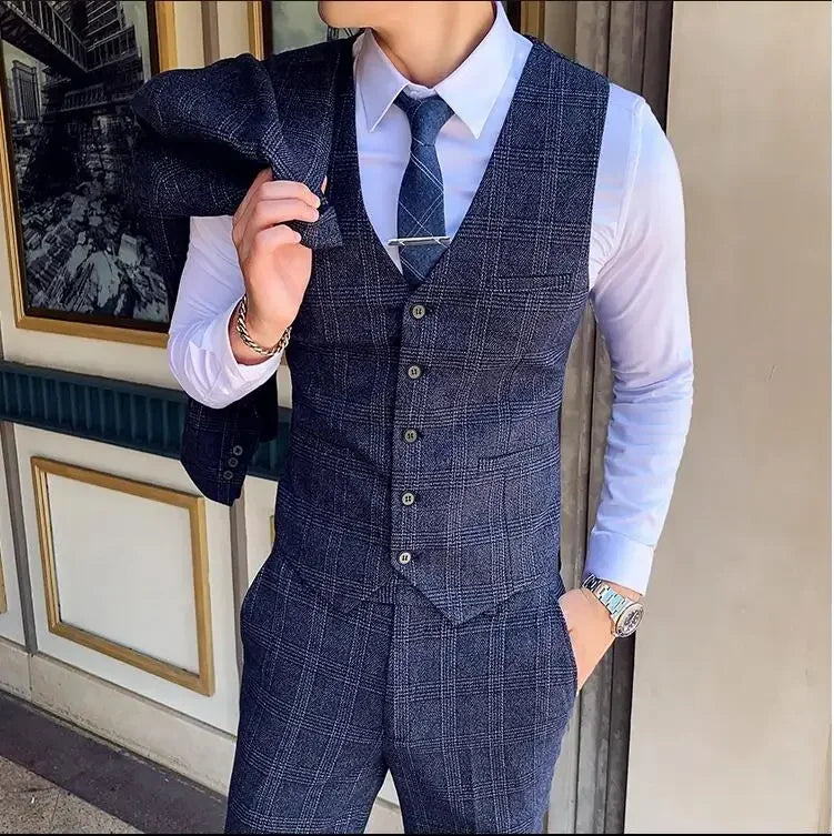 Men's Suit 3 Piece, Business Casual Jacket Vest with Trousers, Gray Dark Brown Slim Fit Suit, Asian Size M-5XL