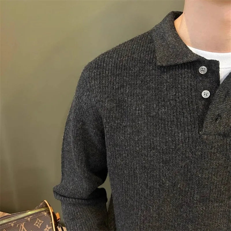 Mens Knit Sweater Autumn Winter Pullover Korean Soft Heavyweight Knit Polo Sweaters Minimalist Long Sleeve Solid Casual Top