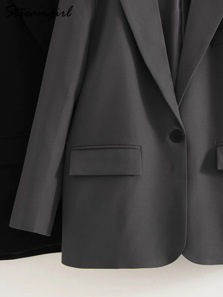 Women Blazers Grey Autumn Outerwears Office Jackets Ladies Coat Long Sleeve Pockets Black Blazers For Women Casual Long Jackets