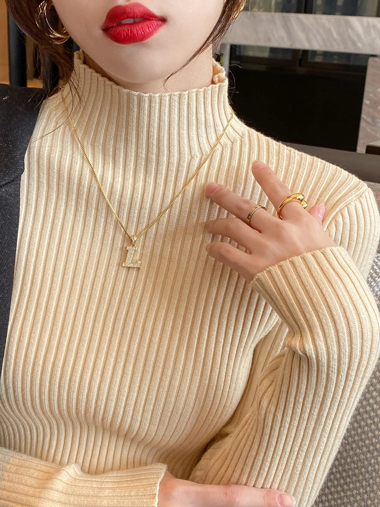 2025 Women Turtlneck Sweater Long Sleeve Casual Pullovers Elegant Solid Basic Knitted Tops Korean Fashion Simple Chic Clothes