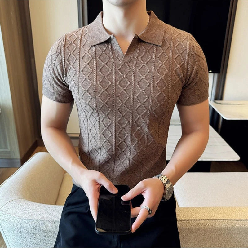 2025 Spring Summer New Men's Polo Collar Slim Fit Jacquard Knit Sweater - Stylish Base Layer in Beige, Brown, Gray & Black