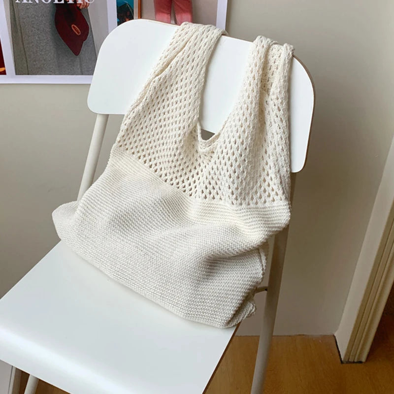 New Trend Women's Bag Crochet Handbag Retro Knitted Braid Solid Color Hollow Black Khaki Top-handle Tote Bag Shopper