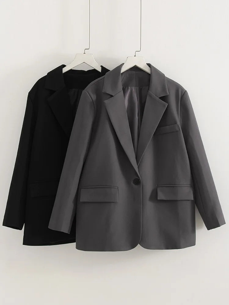 Women Blazers Grey Autumn Outerwears Office Jackets Ladies Coat Long Sleeve Pockets Black Blazers For Women Casual Long Jackets