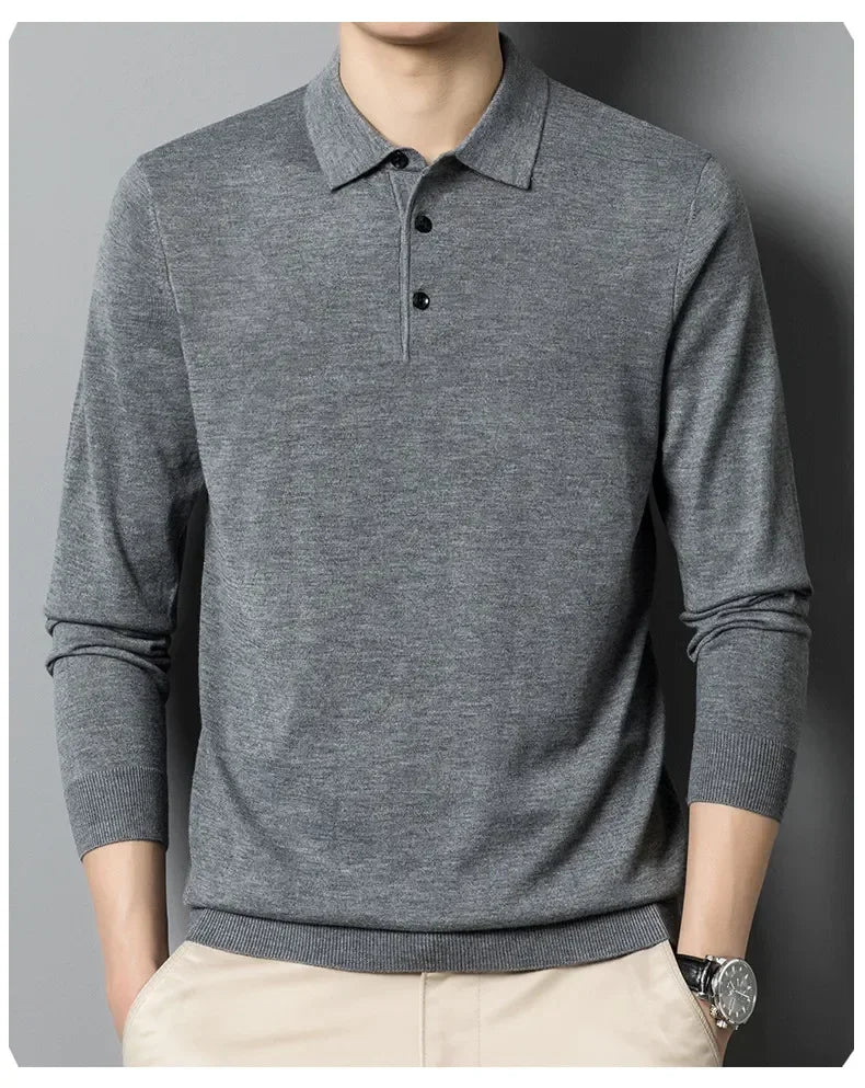 Men's Autumn Long-Sleeved Wool Blend Solid Color Polo Pullover Sweater with Lapel, Casual Bottoming Sweater -Sizes M-4XL