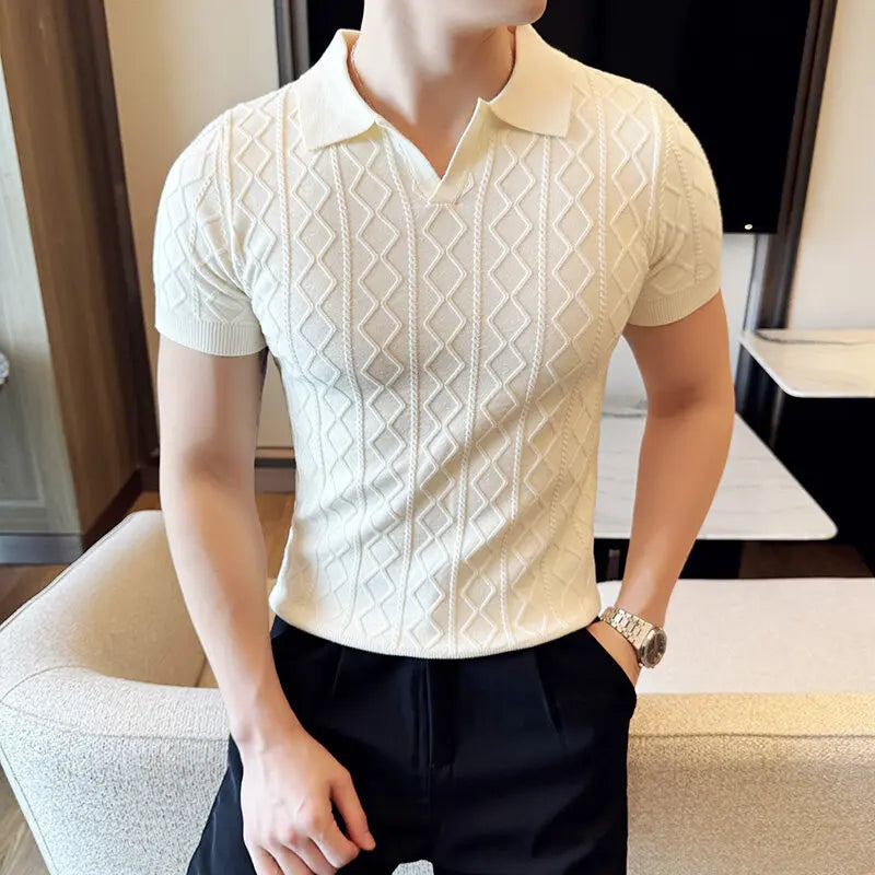 2025 Spring Summer New Men's Polo Collar Slim Fit Jacquard Knit Sweater - Stylish Base Layer in Beige, Brown, Gray & Black