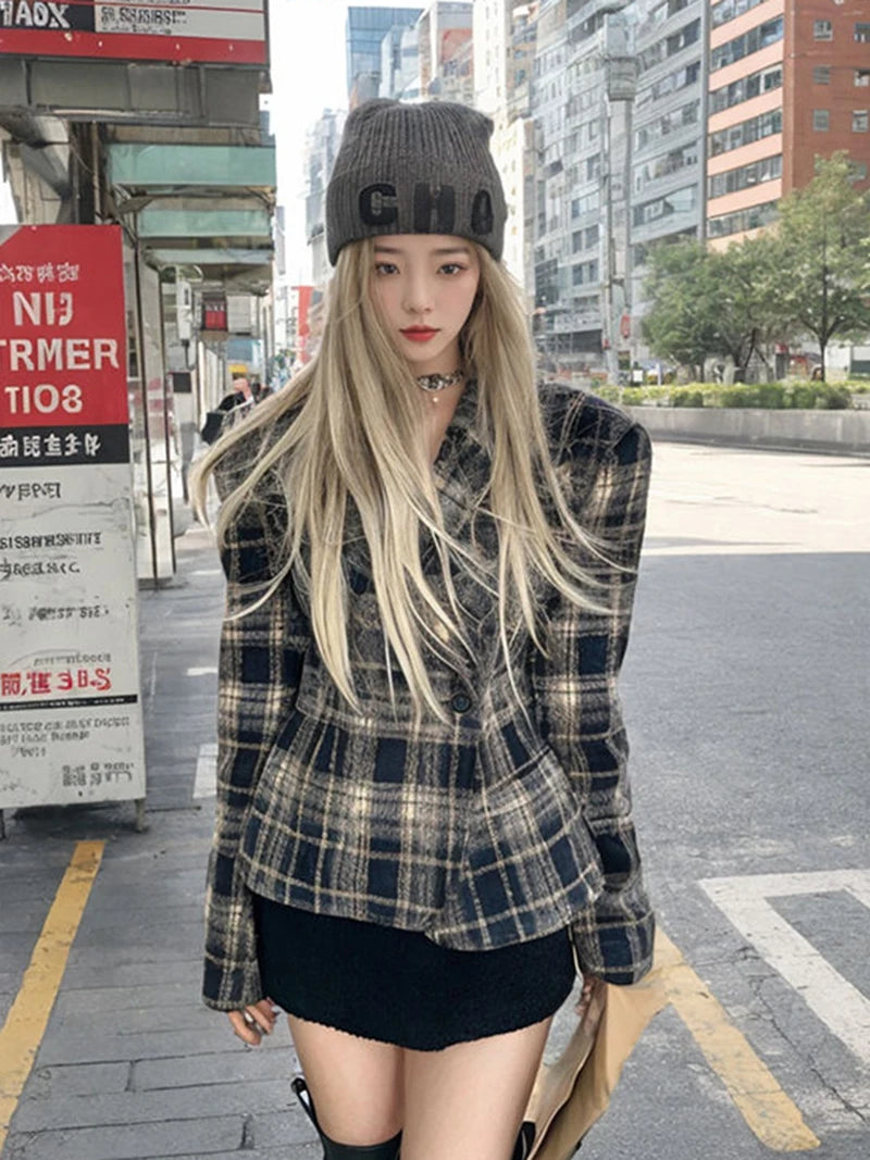 Women Vintage Plaid Blazers Long Sleeve Button Slim Fit Office Lady Suit Jacket American Retro Streetwear Casual Woolen Coats