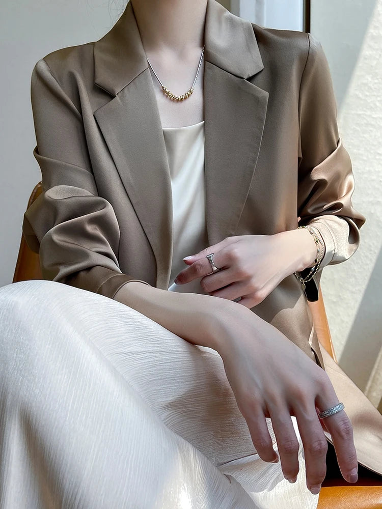 Women Blazers Spring Summer New Fashion Korean Silk Satin Suit V-neck Loose Top Jacket Single Button Suit Blazers Outerwear