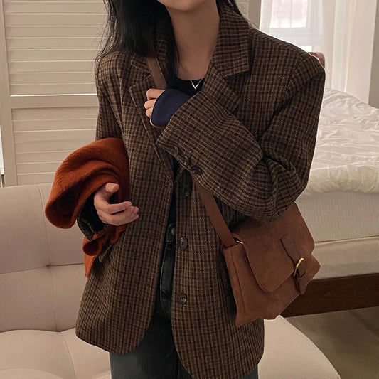 Vintage Plaid Women Blazers Japanese Autumn Winter Casual Office Lady Suit Jacket Female Retro Button Small Fragrance Outwear