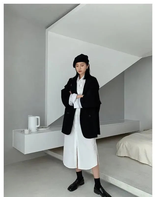 2025Autumn new vintage solid loose women suit  blazer  chic double breasted womenlong sleeve suit jackets clothes