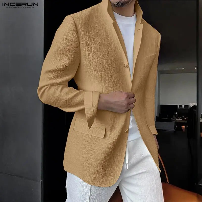 INCERUN Men Blazer Lapel Long Sleeve Solid Color Button Male Suit Streetwear Elegant 2025 Fashion Casual Thin Coats Men S-3XL