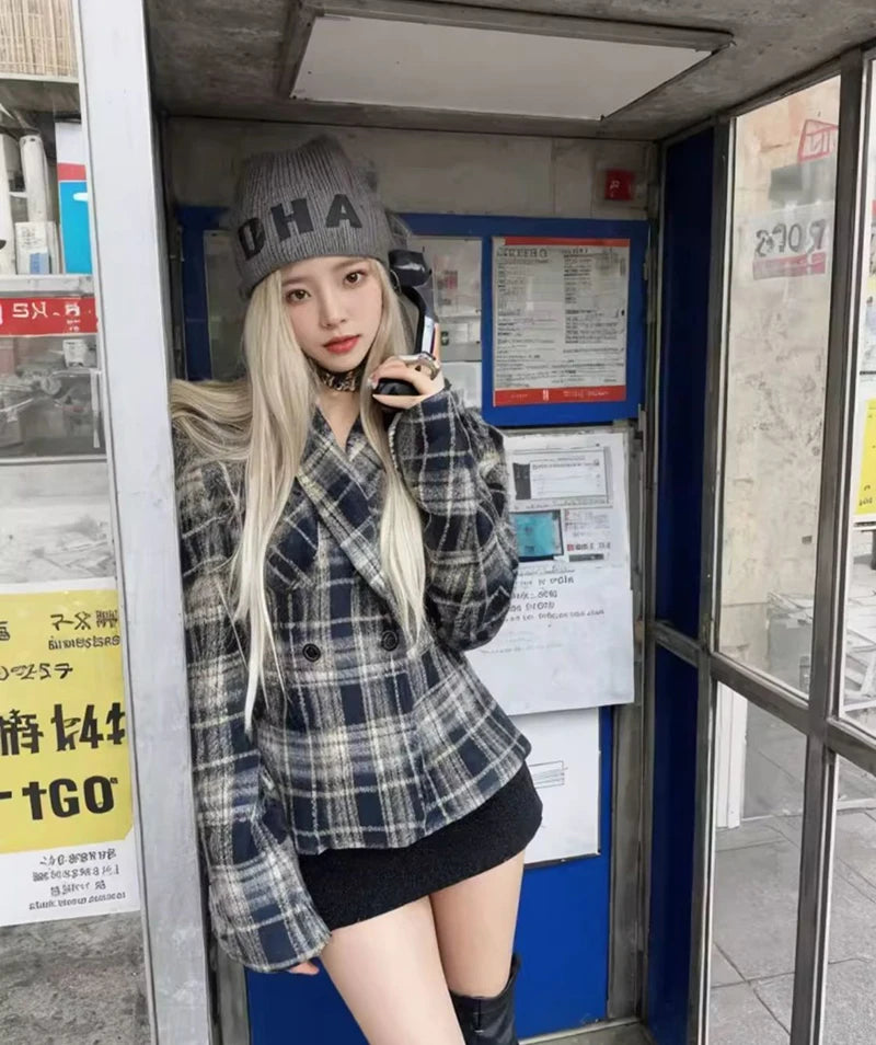 Women Vintage Plaid Blazers Long Sleeve Button Slim Fit Office Lady Suit Jacket American Retro Streetwear Casual Woolen Coats