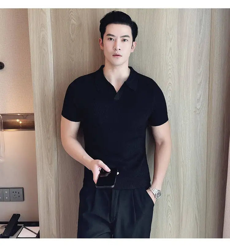 Men's Slim Fit Polo Collar Jacquard Knit Sweater - Beige, Gray, Brown  Black, Modern Base Layer for Casual & Formal Wear T-shirt