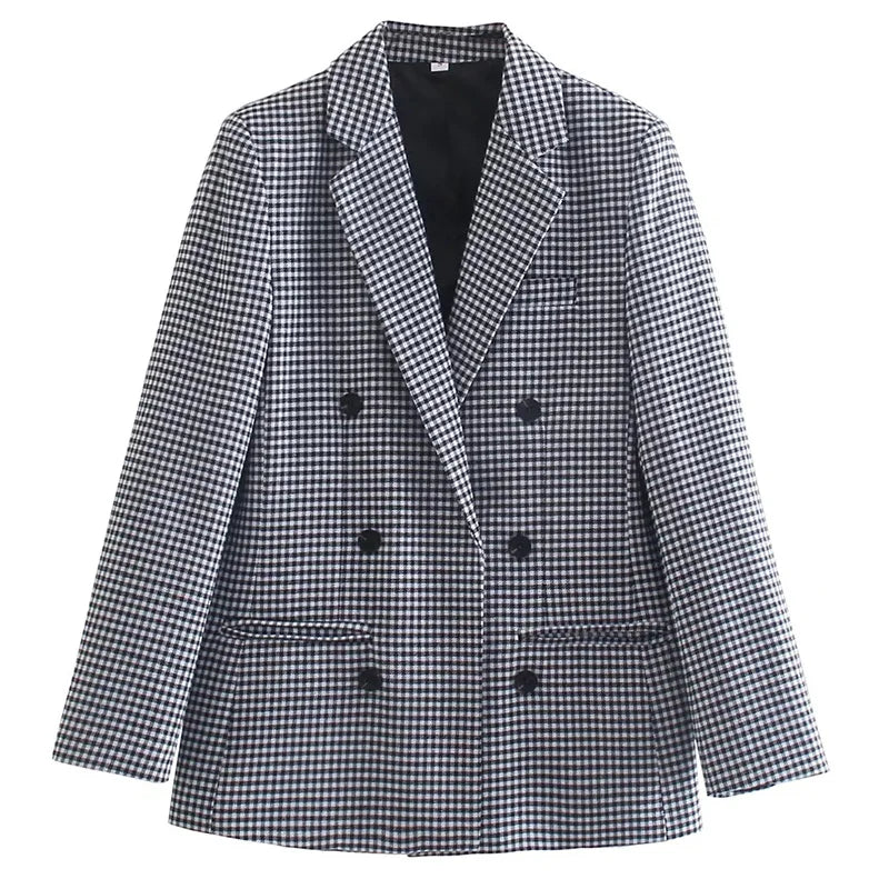 Elegant Plaid Long Sleeve Blazers Women 2025 Double Breasted Office Suit Jacket Woman Casual Turn Down Collar Outwear Lady