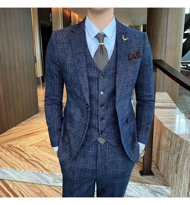 Men's Suit 3 Piece, Business Casual Jacket Vest with Trousers, Gray Dark Brown Slim Fit Suit, Asian Size M-5XL