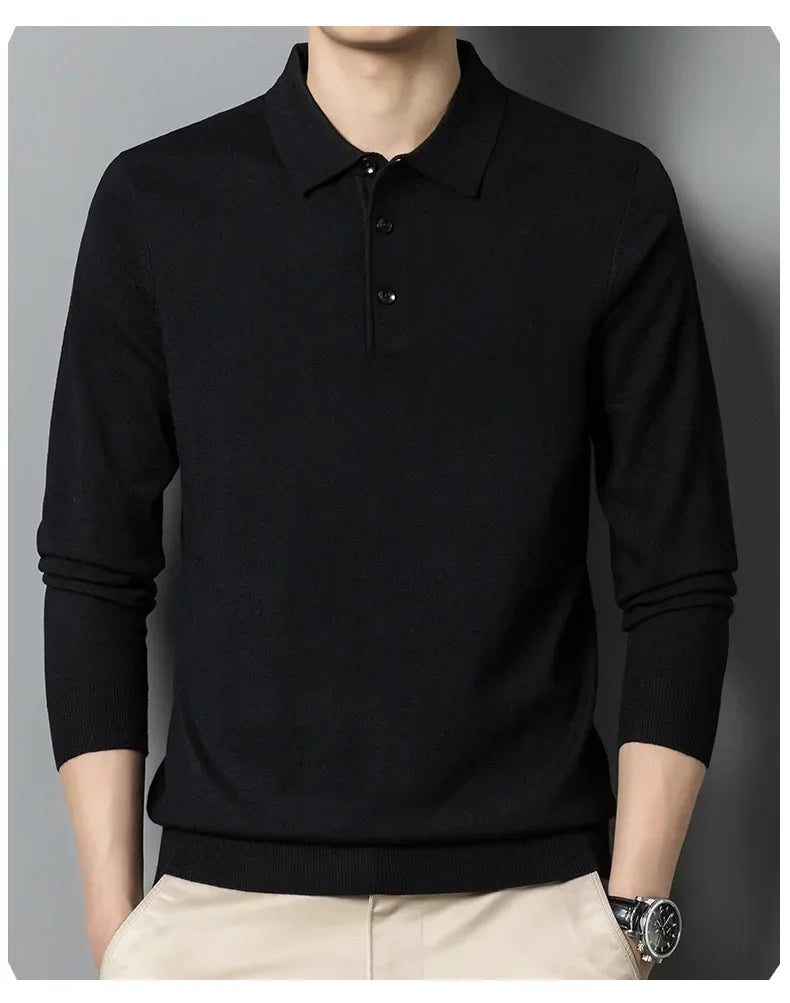 Men's Autumn Long-Sleeved Wool Blend Solid Color Polo Pullover Sweater with Lapel, Casual Bottoming Sweater -Sizes M-4XL