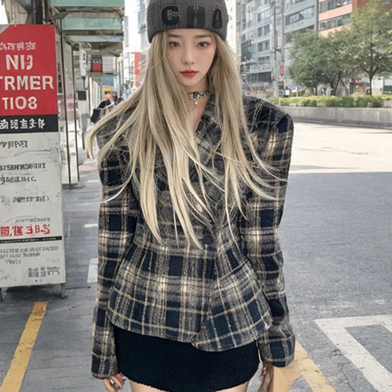 Women Vintage Plaid Blazers Long Sleeve Button Slim Fit Office Lady Suit Jacket American Retro Streetwear Casual Woolen Coats