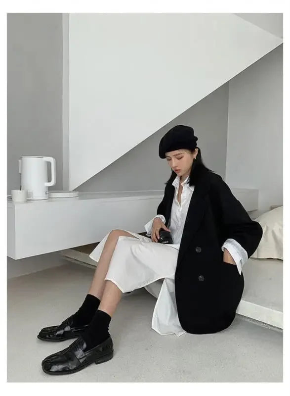 2025Autumn new vintage solid loose women suit  blazer  chic double breasted womenlong sleeve suit jackets clothes