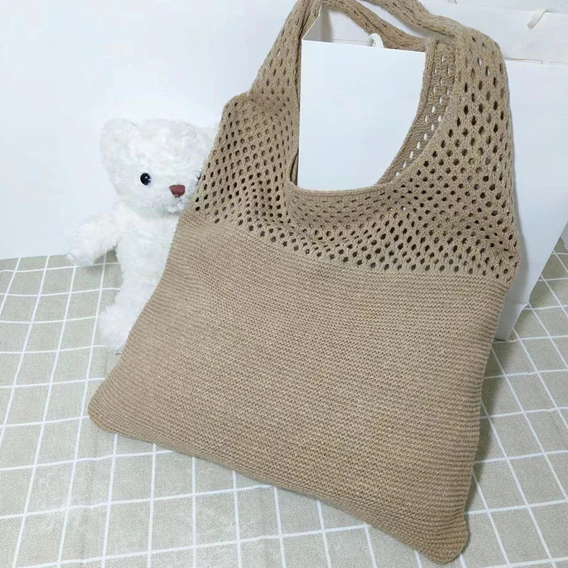 New Trend Women's Bag Crochet Handbag Retro Knitted Braid Solid Color Hollow Black Khaki Top-handle Tote Bag Shopper