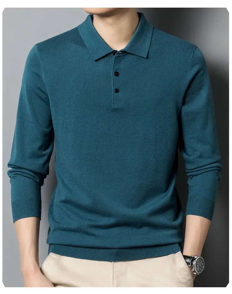 Men's Autumn Long-Sleeved Wool Blend Solid Color Polo Pullover Sweater with Lapel, Casual Bottoming Sweater -Sizes M-4XL