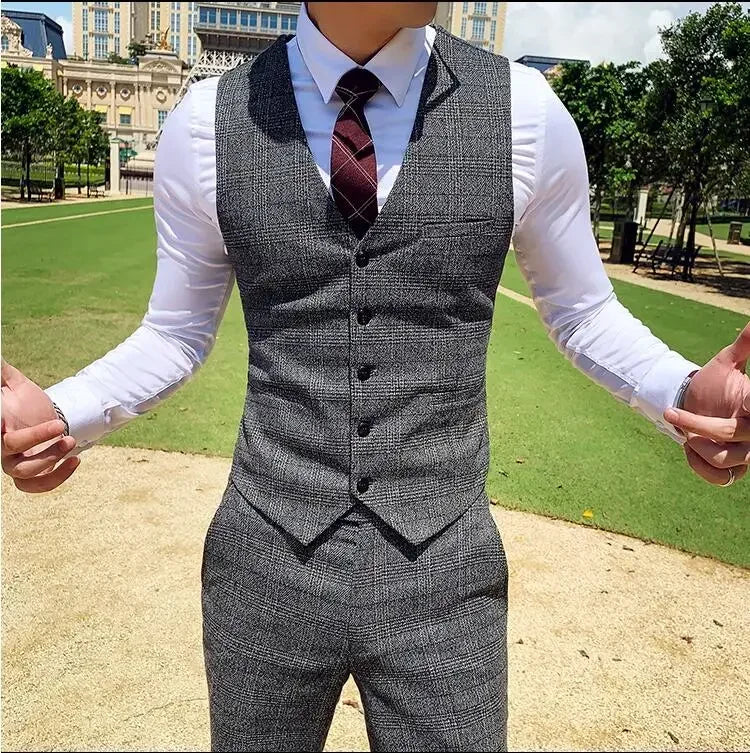 Men's Suit 3 Piece, Business Casual Jacket Vest with Trousers, Gray Dark Brown Slim Fit Suit, Asian Size M-5XL