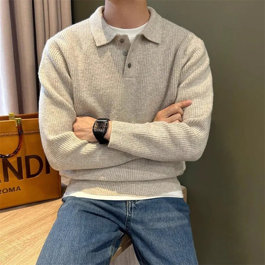 Mens Knit Sweater Autumn Winter Pullover Korean Soft Heavyweight Knit Polo Sweaters Minimalist Long Sleeve Solid Casual Top