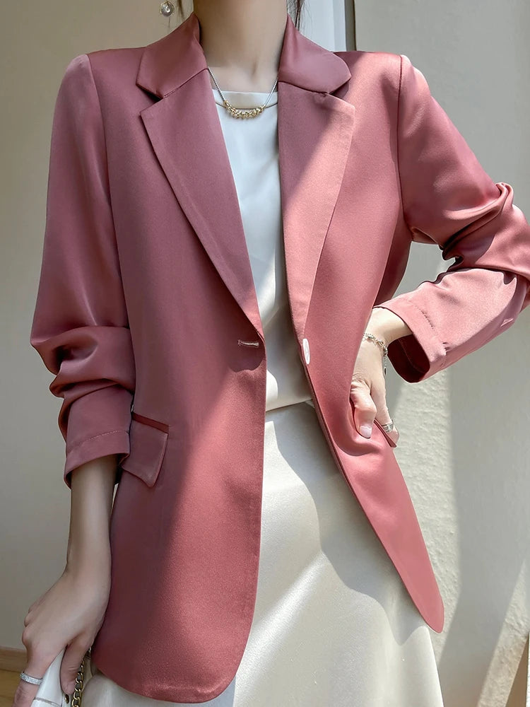 Women Blazers Spring Summer New Fashion Korean Silk Satin Suit V-neck Loose Top Jacket Single Button Suit Blazers Outerwear