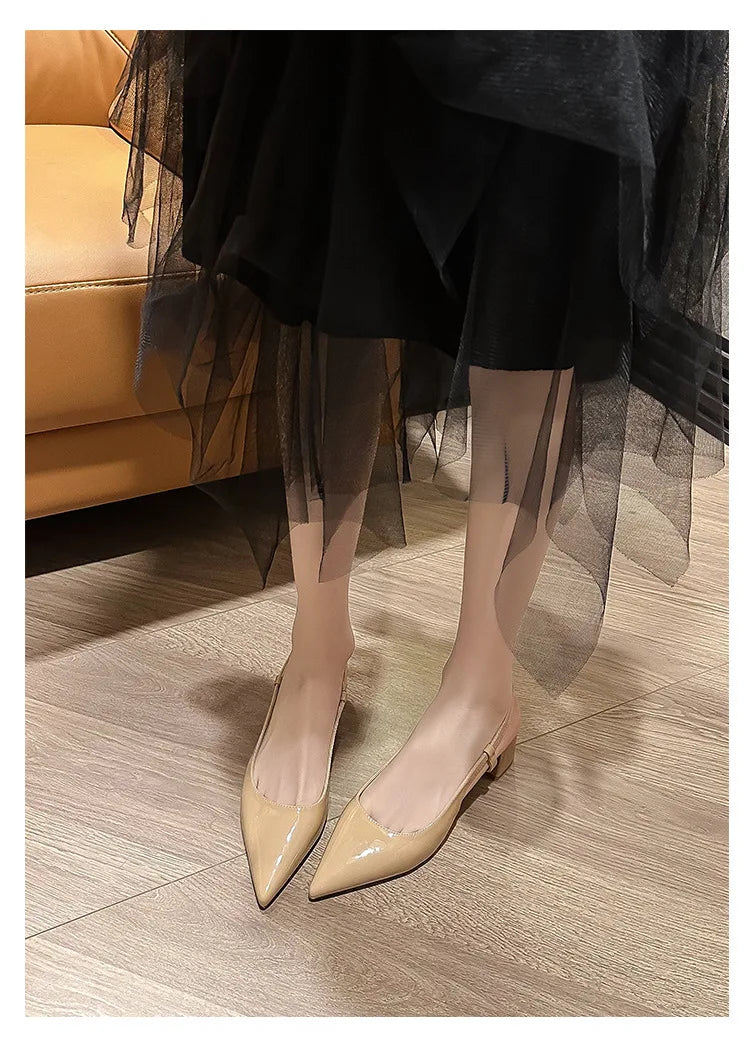 2025 New Medium Heel Woman 4cm Sandals Shallow Mouth Glossy Closed Toe Sandals One Word Buckle Temperament Summer Outdoor Shoes