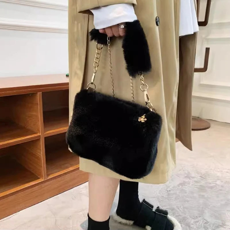 Plush Faux Fur Tote Bag for Women Winter Shoulder Bag Casual Fluffy Crossbody Bags Fashion Chain Handbag Girls Soft Purse