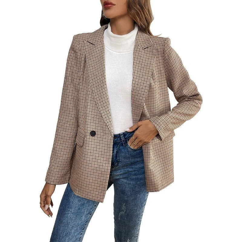 Vintage Double Breasted Office Ladies Plaid Blazer 2025 Pockets Loose Houndstooth Retro Suit Coat Jacket Women Blazers Female
