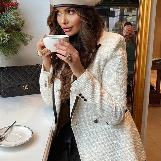 women's versatile lapel long sleeved double breasted decorative winter new slim fit suit jacket