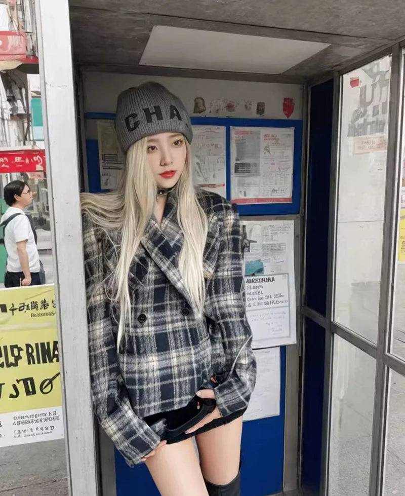 Women Vintage Plaid Blazers Long Sleeve Button Slim Fit Office Lady Suit Jacket American Retro Streetwear Casual Woolen Coats