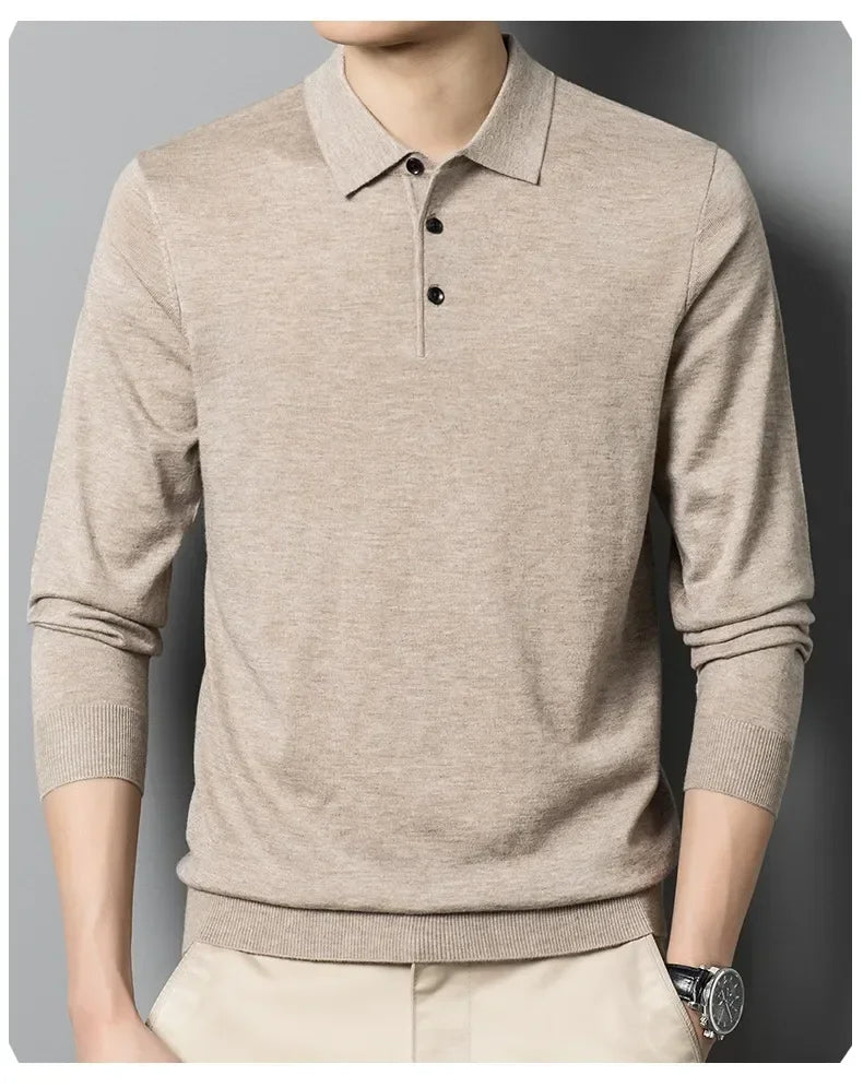 Men's Autumn Long-Sleeved Wool Blend Solid Color Polo Pullover Sweater with Lapel, Casual Bottoming Sweater -Sizes M-4XL