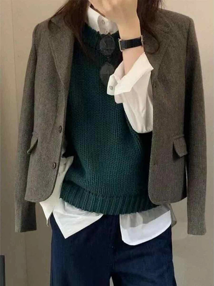 Korean Vintage Cropped Blazers Women Button Long Sleeve Elegant Office Lady Suit Jacket Female Solid Simple Casual Retro Outwear