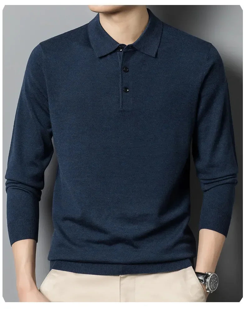 Men's Autumn Long-Sleeved Wool Blend Solid Color Polo Pullover Sweater with Lapel, Casual Bottoming Sweater -Sizes M-4XL